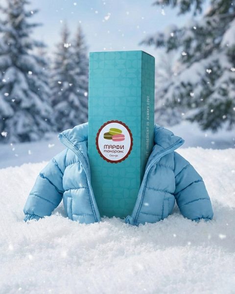 Kampagnenmotiv: Geschenkverpackung für Macarons im Schnee